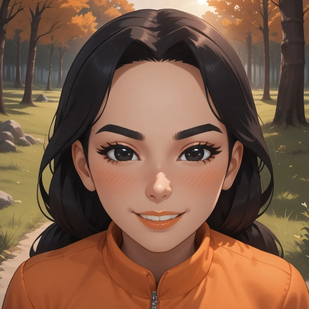 score_9, score_8, BREAK, solo, wii, mii, wii sports, black hair, black eyebrows, black eyes, blush, lips, teeth, orange clothing, black pants, slippers, female mii, 1girl, nintendo mii, modern_mii, classic_mii, breasts, Jialan_(Wii_Sports), cute, sexy pose, smile, outdoors, sunlight, shadows, evening lighting, natural lighting, forest, trees, grass, orange sky, sunset