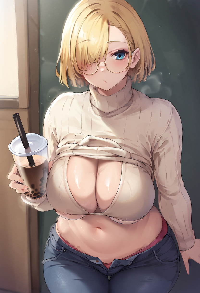 score_9, score_7_up,  1girl, 
huge breasts, wide hips, thick thighs, turtleneck sweater, holding cup, sweater, denim, glasses, closed mouth, pants, breasts, solo, cup, jeans, looking at viewer, thighs, belly, turtleneck, disposable cup, open fly, sweater lift, cowboy shot, pants pull, blush, blonde hair, bubble tea, clothes pull, navel, bubble tea challenge, holding, underboob, curvy, groin, skindentation, clothes lift, round eyewear, standing, hair over one eye, short hair
 <lora:thomasz-Style-PonyXL-GLoRA-v1.1-000045:1>