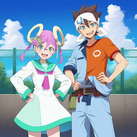 <lora:Baku_Omori:1>,baku omori,kuguru uki,1girl,1boy,glasses,hands on own hips,smile,orange t-shirt,sky,hair ornament,shirt,day,sailor collar,open mouth,fence,cloud,outdoors,looking at viewer,blue sky,belt pouch,neckerchief,dress,jumpsuit,rooftop,serafuku,headband,:d,green sailor collar,sailor dress,standing,tablet pc,holding tablet pc,masterpiece,high score,great score,absurdres,