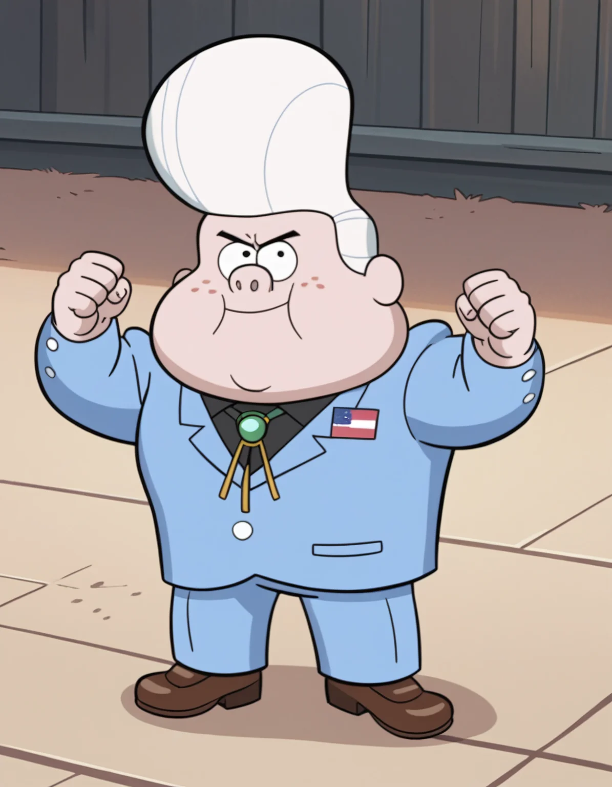 score_9, score_8_up, score_7_up, best quality, source_toon, gideon-g, pale skin, freckles, double chin, chubby cheeks, white hair, pompadour, human, male, solo, fat, plump, overweight, male, black eyes, young, 1boy, blue suit, black undershirt, usa flag pin on suit, amulet around neck, green amulet, brown loafers, evil, evil smile, clenched fist, threatening pose, dramatic, looking at viewer 