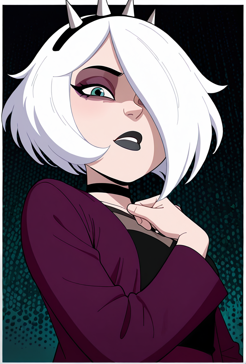 <lora:charmreb:1> charmreb, 1girl, white hair, short hair, spiked hairband, black choker, makeup, hair over one eye, eyeshadow, black lips, jacket, long sleeves, dynamic pose,, masterpiece, best quality, amazing quality, very aesthetic, absurdres, newest,, upper body, halftone effect, white borders, abstract background:1.2,