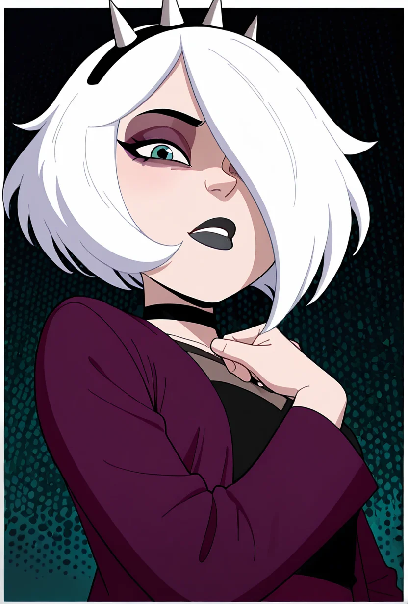 <lora:charmreb:1> charmreb, 1girl, white hair, short hair, spiked hairband, black choker, makeup, hair over one eye, eyeshadow, black lips, jacket, long sleeves, dynamic pose,, masterpiece, best quality, amazing quality, very aesthetic, absurdres, newest,, upper body, halftone effect, white borders, abstract background:1.2,