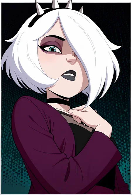 <lora:charmreb:1> charmreb, 1girl, white hair, short hair, spiked hairband, black choker, makeup, hair over one eye, eyeshadow, black lips, jacket, long sleeves, dynamic pose,, masterpiece, best quality, amazing quality, very aesthetic, absurdres, newest,, upper body, halftone effect, white borders, abstract background:1.2,