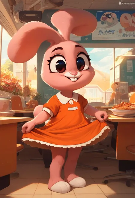 score_9, score_8_up, score_7_up, score_6_up, BREAK rating_safe, , anais_watterson, female, furry, anthro, 1girl, furry female, solo, clothing, dress, (detailed background: School cafeteria), orange dress, clothed, stuffed animal, full body, lift dress, standing, holding, buck teeth, Expressiveh, extremely_bright, cute, cub