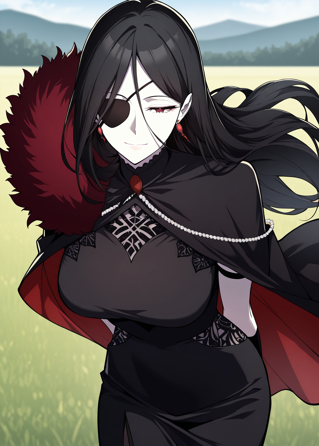 <lora:Hailey_Orga:1>
1 girl, solo, red eyes, black hair, long hair, hair between eyes, pale skin, large breasts
black dress, bridal gauntlets, cape, earrings, eyepatch, fur trim, black nails, black fingerless gloves, high heels, pantyhose, single glove
score_9, score_8_up, score_7_up, very aesthetic, source_anime, detailed, high quality, beautiful, masterpiece, detailed eyes, field, blurry background, pose dynamic angle, upper body, cowboy shot, light smile, floating hair, half-closed eyes, hands behind back, leaning forward, looking forward, looking at viewer