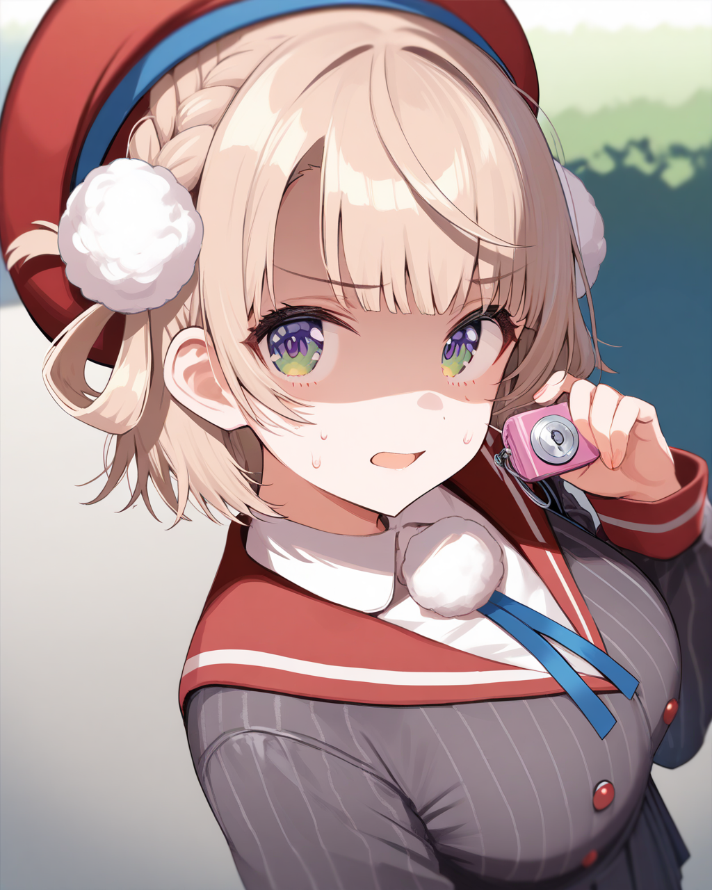 1girl,
ShigureUiVTuber,
safe, solo, dynamic angle, from side, from above,
hair rings, pom pom hair ornament,
beret,
beautiful eyes, looking at viewer,
shaded face, open mouth,
side braid, shiny hair,
sweatdrop,
hand up, fingering, buzzer,
randoseru,
red sailor collar,
neck ribbon, 
vertical stripes,
striped jacket, large breasts,
puffy sleeves,
collared shirt,
school yard,
depth of field,
<lora:kp_ShigureUiVTuber1stCostumeAnimagineXL_v1_0:1.0>,
masterpiece, high score, great score, absurdres