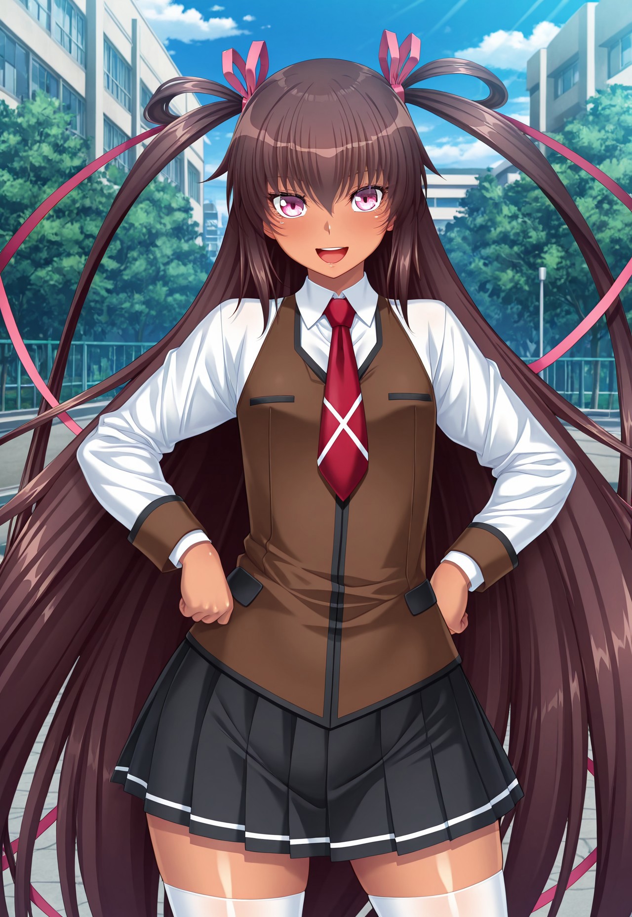 source_anime, taimanin \(series\), taimanin yukikaze 2, aoi nagisa \(metalder\), (masterpiece:1.3), best quality, ultra-detailed, official art, (visual novel style:1.4), anime cg, vibrant colors, soft shading, delicate linework, expressive eyes, detailed hair flow, dynamic lighting, intricate clothing folds, character accurate, game screenshot aesthetic, high contrast, slight rim light, cowboy shot, straight on,
break,
solo, alone, sexy, looking at viewer, standing, hands on own hips, legs apart, open mouth, smile, outdoors, day, light theme, school, school building, school yard, highly detailed background, 
break,
[1girl, curvy, shiny skin, shiny clothes, dark skin, dark-skinned female, tan, tanline, mizuki yukikaze, pink eyes, slightly glossy lips, small breasts, huge ass, wide hips, absurdly long hair, brown hair, two side up, twintails, hair ribbon, one-piece tan, seishu school uniform, school uniform, white collared shirt, red necktie, long sleeves, brown vest, black pleated skirt, white thighhighs],