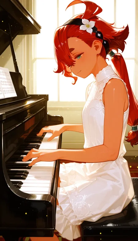 (masterpiece, best quality), amazing quality, very aesthetic, absurdres, highres, newest, HDR, 8K, high detail RAW color art, intricate details, high contrast, detailed background, large pupil, eyelashes, shiny skin,
1girl, solo, suletta mercury, detailed embroidery, white dress, sleeveless dress, smile, flower hair ornament, frilled dress, frills, playing instrument, mystical, music, instrument, piano, (playing piano:1.1), particles, music room, particles, sense of movement, extremely close range view, from side <lora:748cmSDXL:0.6>, <lora:θε‘γ:0.45>, <lora:ponyv5_noobV065S_1:0.7>, <lora:spo_sdxl_10ep_4k:0.6>, <lora:GBF_Illustrious:0.4>, <lora:MeMaXL4:0.8>