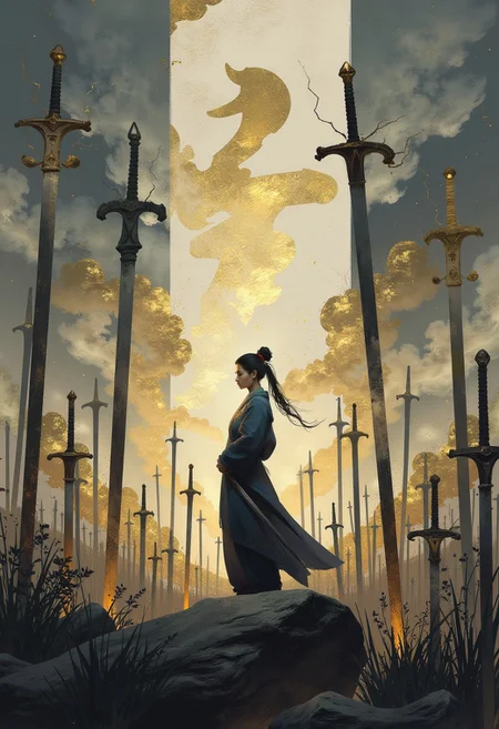 ink digital art, kongji,
A woman standing amidst a vast field of ancient, floating swords, each one glowing faintly with the power of long-forgotten warriors. simple background