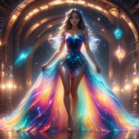 A beautiful young woman in a gorgeous gown, hourglass figure, beautiful eyes, detailed face, cute girl, ral-oilspill, bioluminescent dress, full body, head-to-toe, full frame,