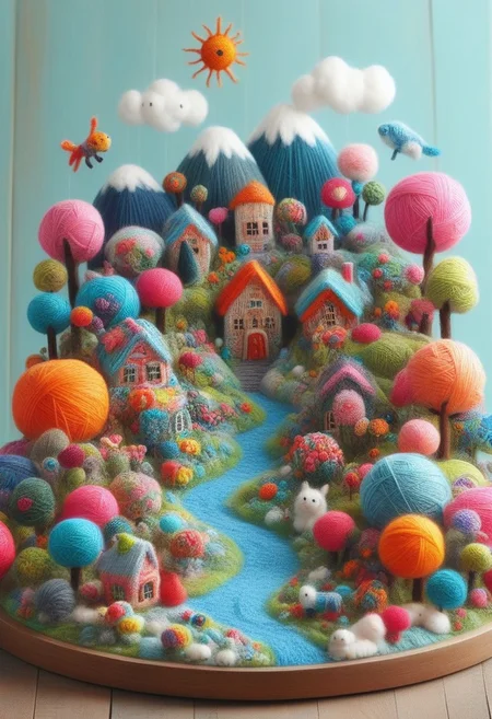 a cute detailed miniature yarn village, yrnwrld, ng_deepnegative_v1_75t, Inari shr1n3