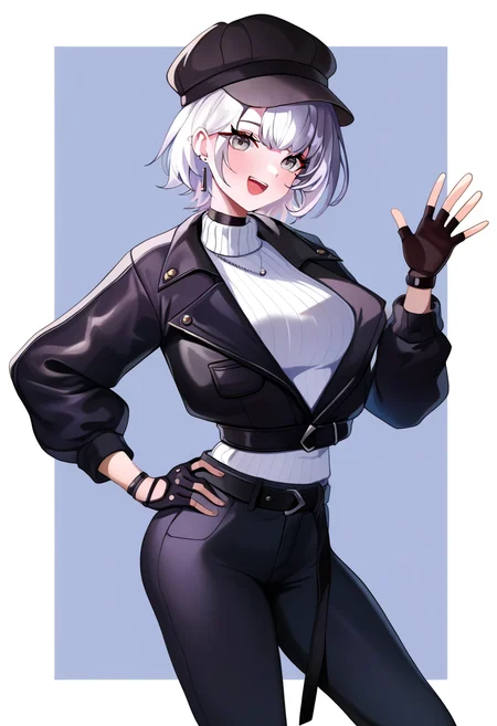masterpiece, best quality, 1girl,
turtleneck, black choker, cabbie hat, turtleneck sweater, white sweater, sweater, grey eyes, fingerless gloves, standing, long sleeves, hand on own hip, contrapposto, cropped jacket, short hair, waving, smile, pants, earrings, ribbed sweater, cropped legs, open mouth, gloves, white hair, belt, jacket, black jacket, black pants, hat, jewelry, choker, brown eyes, black belt
<lora:doco:1>