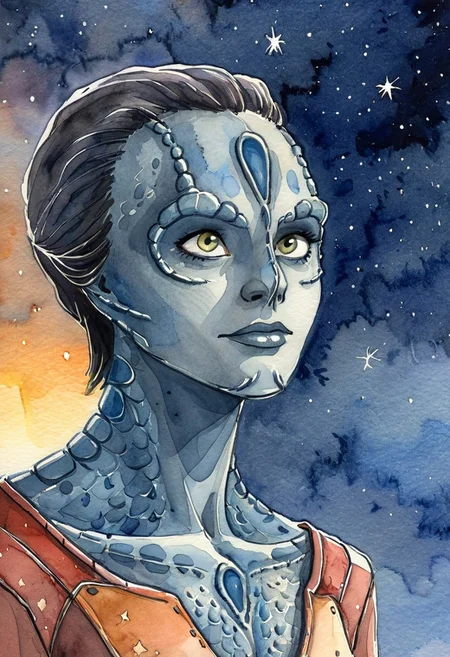 ((novuschroma43 style watercolor sketch) of a female c4rd45514n alien, forehead crest, grey skin, ridges, scales), black starry night time sky background full of stars
