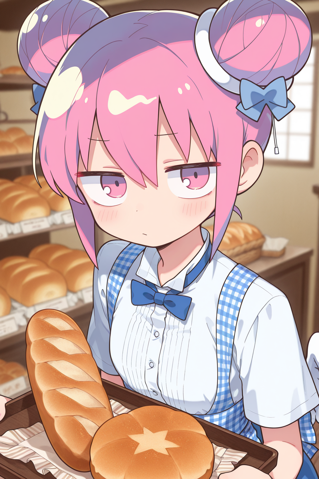 1girl,
DadadadaTenshiMusicVideo,
general, solo, 
double bun, no choker,
kobeya uniform,
looking at viewer, tray, bread,
bakery, depth of field,
<lora:kp_DadadadaTenshiMusicVideoIllustrious_v1_0:1.0>,
masterpiece, best quality, amazing quality