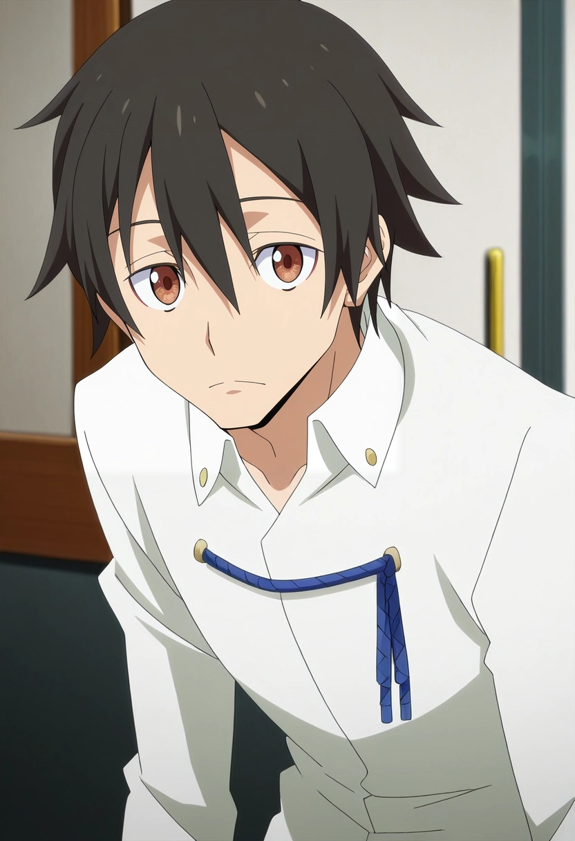 masterpiece, best quality, intricate details, anime screencap, anime coloring, official style, looking at viewer, 1boy, solo, male focus, <lora:yuuki_kagurazaka_ilxl:1>, yuuki_kagurazaka, black hair, brown eyes, short hair, hair between eyes, white shite, collared shirt, blue ribbon, white pants,