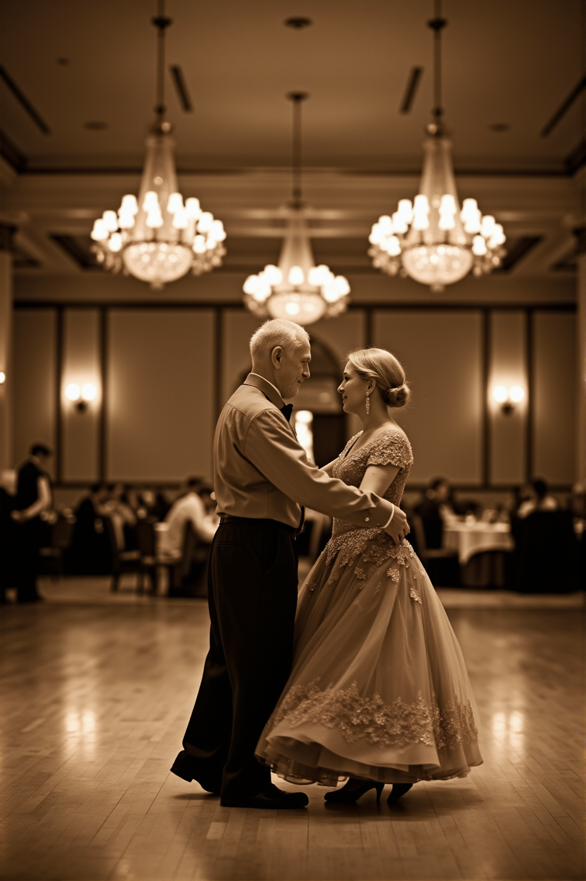 A grand yet empty ballroom, its chandeliers casting soft light onto the polished floor. In the center, an elderly couple moves in perfect rhythm, lost in a waltz only they remember. Her beaded gown shimmers faintly, his hands are steady on her waist. The sepia vignette curls around them, preserving a love that still dances, even as time fades away.
<lora:sepia-vignette-flux:1>
