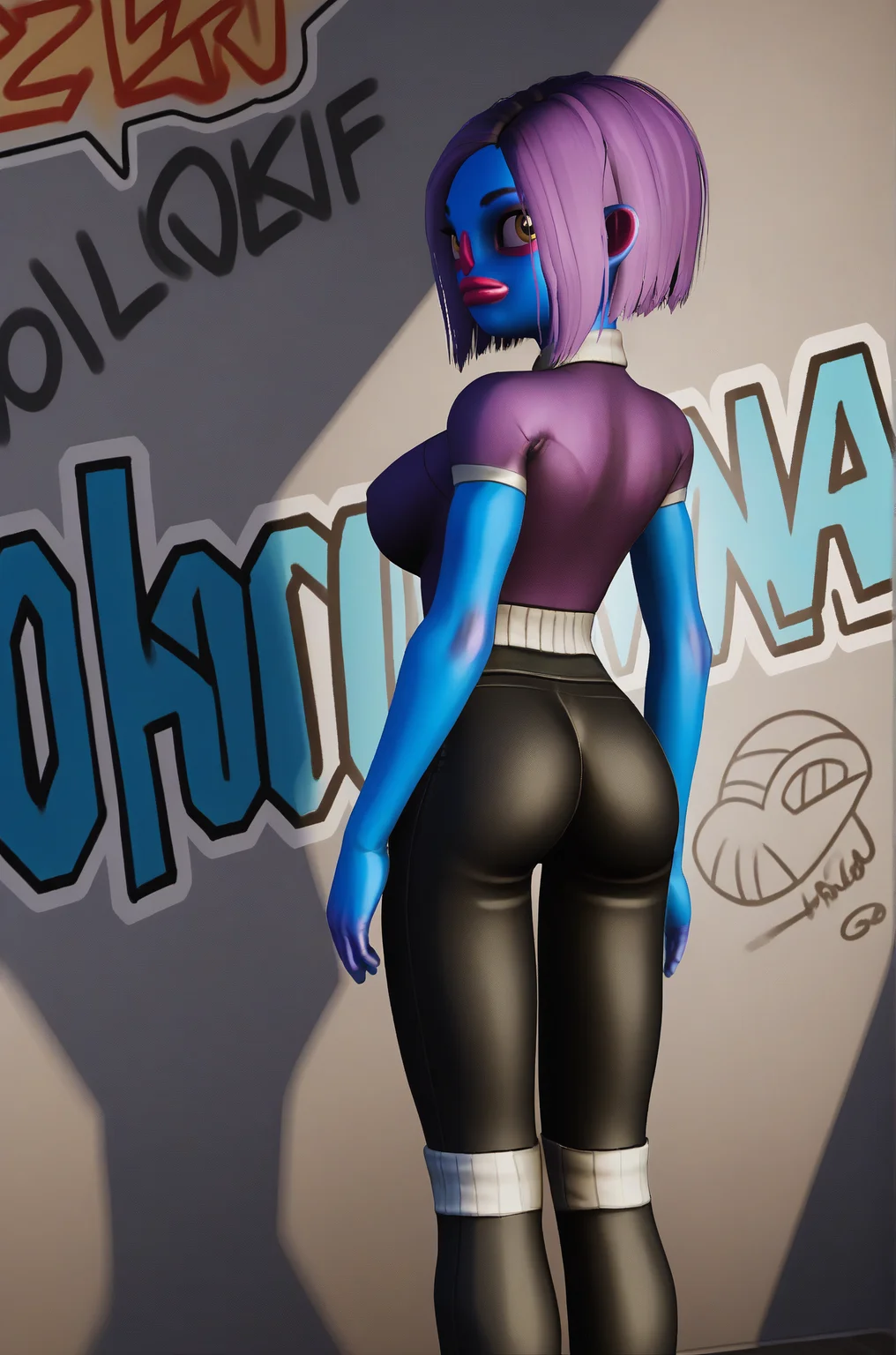 1girl,solo,colored skin,makeup,eyeliner,<lora:The_Violence_Gang_girl:0.9>,short hair,skinny body,big breasts,complex background,ultra detailed,<lora:Body Type_alpha1.0_rank4_noxattn_last:2>,<lora:Perfect Hands:0.5>,Perfect Hands,looking back,graffiti abstract background,ass,purple skin,black pants,, maximum details