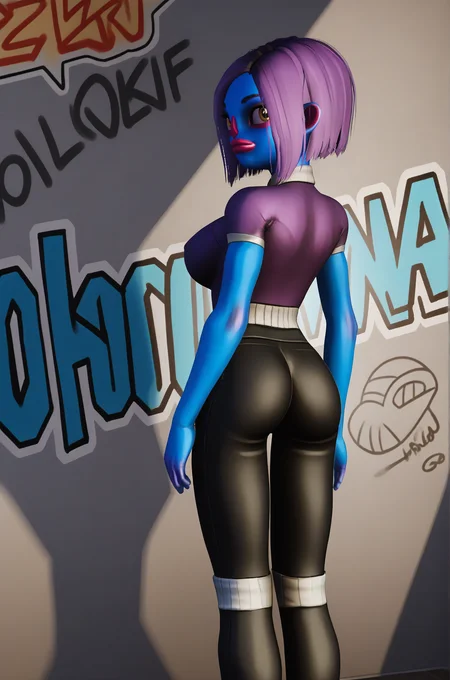 1girl,solo,colored skin,makeup,eyeliner,<lora:The_Violence_Gang_girl:0.9>,short hair,skinny body,big breasts,complex background,ultra detailed,<lora:Body Type_alpha1.0_rank4_noxattn_last:2>,<lora:Perfect Hands:0.5>,Perfect Hands,looking back,graffiti abstract background,ass,purple skin,black pants,, maximum details