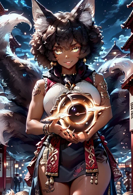 (score_9), score_8_up, score_7_up, 
anime
1girl, full body,
(dark brown skin, beautiful, black hair, curly hair (large round afro: 1.4), (((Kitsune)), Fox ears, ((fox tail)), large tail, (nine tails), (multiple tails), saddle brown tails:1.2, black fur tips: 1.6), (yellow eyes, slit pupils: 1.4), (glowing eyes: 0.8), eyesHD, high gradient eyes, high definition eyes, detailed eyes, teeth with fangs, black claws, 
tattoo, hood, jewelry, bracelet, sleeveless, hoodie, 
gigantic breasts, round breasts, huge ass, sexy, thick thighs), top heavy, black lipstick, silver jewelry, evil grin, sexy, (black hole in hand), holding black hole, handfixer, 
blue flames
Alleyway, night, event horizon, gravitational lensing