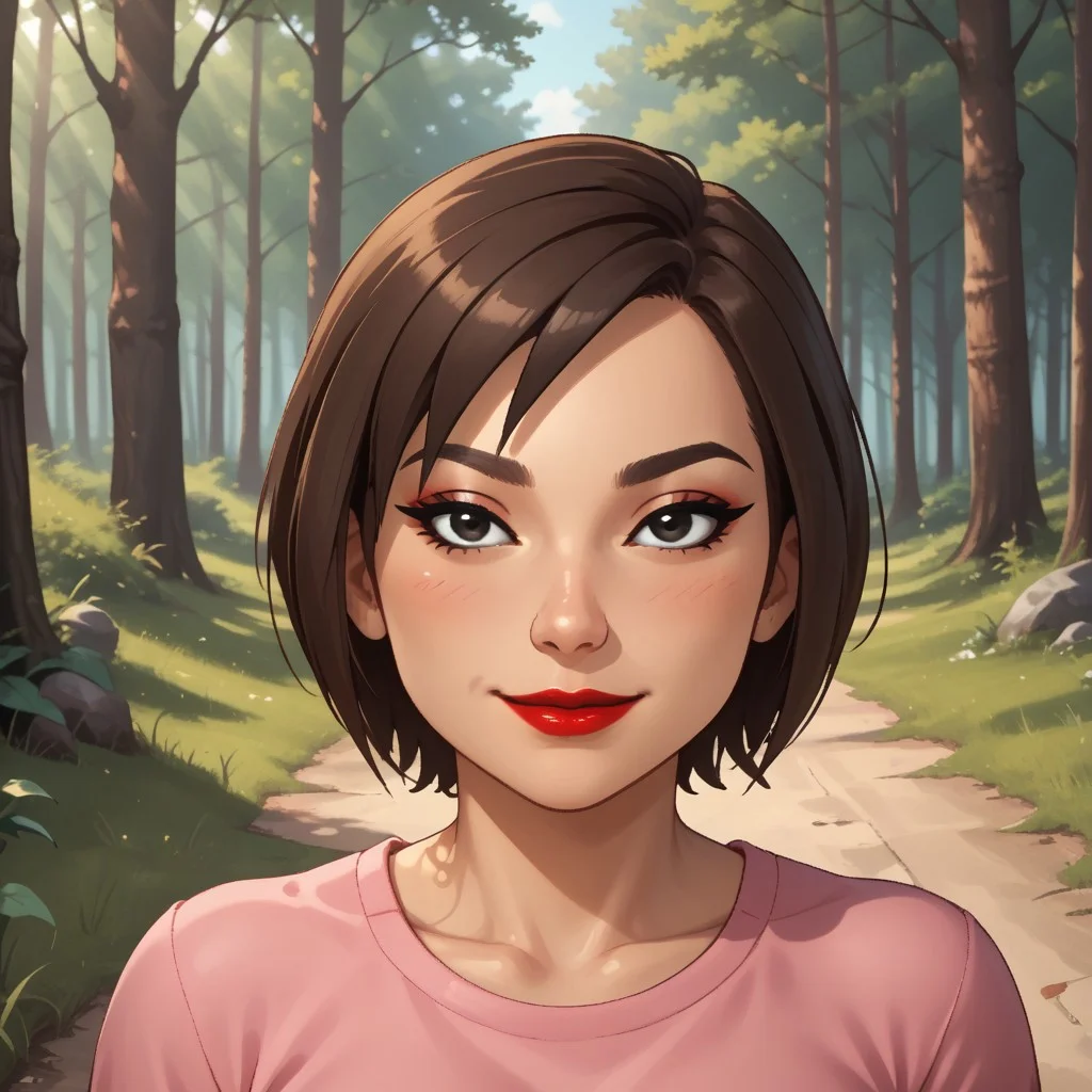 score_9, score_8, BREAK, solo, mii, wii u, wii sports club, 1girl, female mii, cute, brown hair, short ponytail, black eyes, makeup, blush, black purple eyeshadow, red lips, lipstick, pink clothing, white pants, sandals, breasts, Se-Young_(\Wii_Sports_Club\), Nintendo Mii, modern_mii, classic_mii, sexy pose, self portrait, smile, outdoors, sunlight, shadows, evening lighting, natural lighting, forest, trees, grass, orange sky, sunset