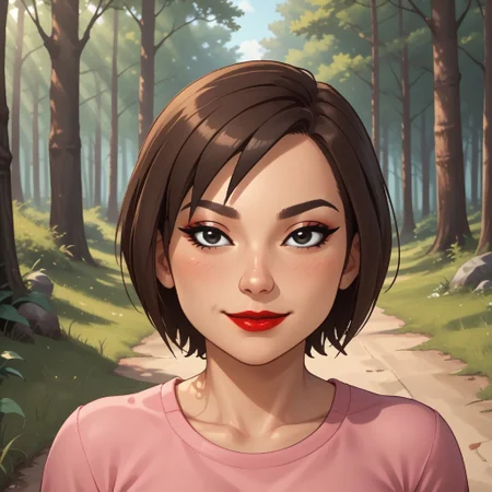 score_9, score_8, BREAK, solo, mii, wii u, wii sports club, 1girl, female mii, cute, brown hair, short ponytail, black eyes, makeup, blush, black purple eyeshadow, red lips, lipstick, pink clothing, white pants, sandals, breasts, Se-Young_(\Wii_Sports_Club\), Nintendo Mii, modern_mii, classic_mii, sexy pose, self portrait, smile, outdoors, sunlight, shadows, evening lighting, natural lighting, forest, trees, grass, orange sky, sunset