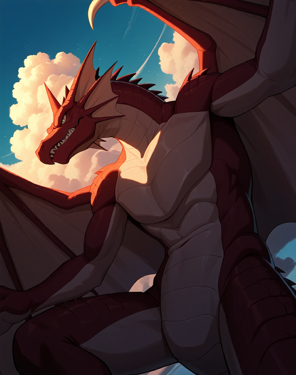 8K, In'ei, chiaroscuro, volumetric lighting, perfect depth of field shot, masterpiece, beautiful, sharp focus, crisp details, masterclass animation, source_anime, source_furry, furry_art, bara, kemono,
<lora:Pirate_Dragon_(Monster_Rancher)_(Illustrious)_(AD):1> Pirate_Dragon, Monster Rancher, dragon, 
exterior, blue green gradient sky with clouds, 
dynamic action, bent leg, dutch angle, cowboy shot, 
wings, glossy red skin, dragon scaled skin, 
EZRealPONYXL, zPDXL, Smooth Quality, lazynsfw,