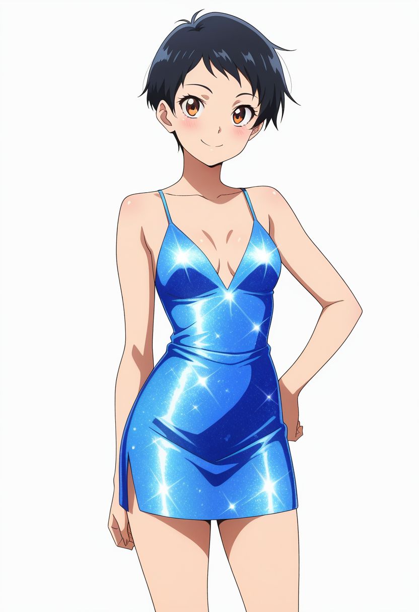 masterpiece, best quality, amazing quality, anime coloring, anime screencap, 1girl, solo, very short hair, black hair, smile, hand on own hip,  simple background, white background,  glitter dress,