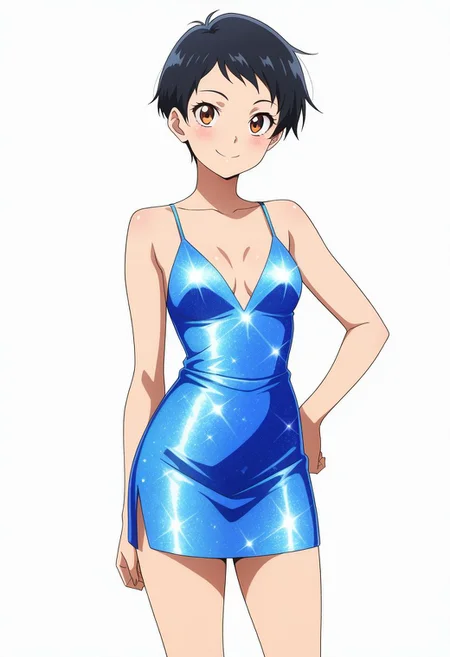 masterpiece, best quality, amazing quality, anime coloring, anime screencap, 1girl, solo, very short hair, black hair, smile, hand on own hip,  simple background, white background,  glitter dress,