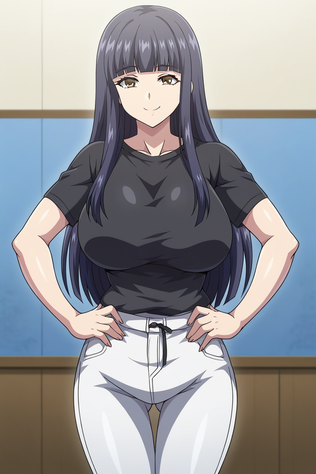 <lora:Yachiyo_Narumi_-_Kyonyuu_Kazoku_Saimin:0.8>,narumi,1girl,black hair,long hair,brown eyes,large breasts,bangs,shirt,pants,cowboy shot,hands on own hips,looking at viewer,indoors,smile