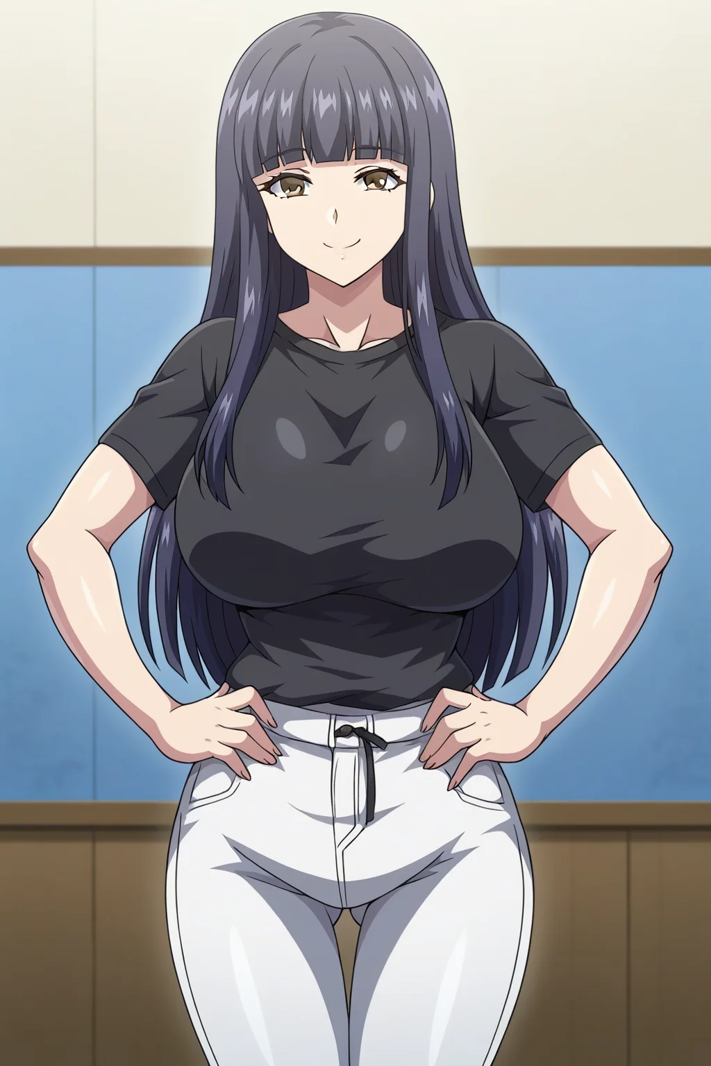 <lora:Yachiyo_Narumi_-_Kyonyuu_Kazoku_Saimin:0.8>,narumi,1girl,black hair,long hair,brown eyes,large breasts,bangs,shirt,pants,cowboy shot,hands on own hips,looking at viewer,indoors,smile