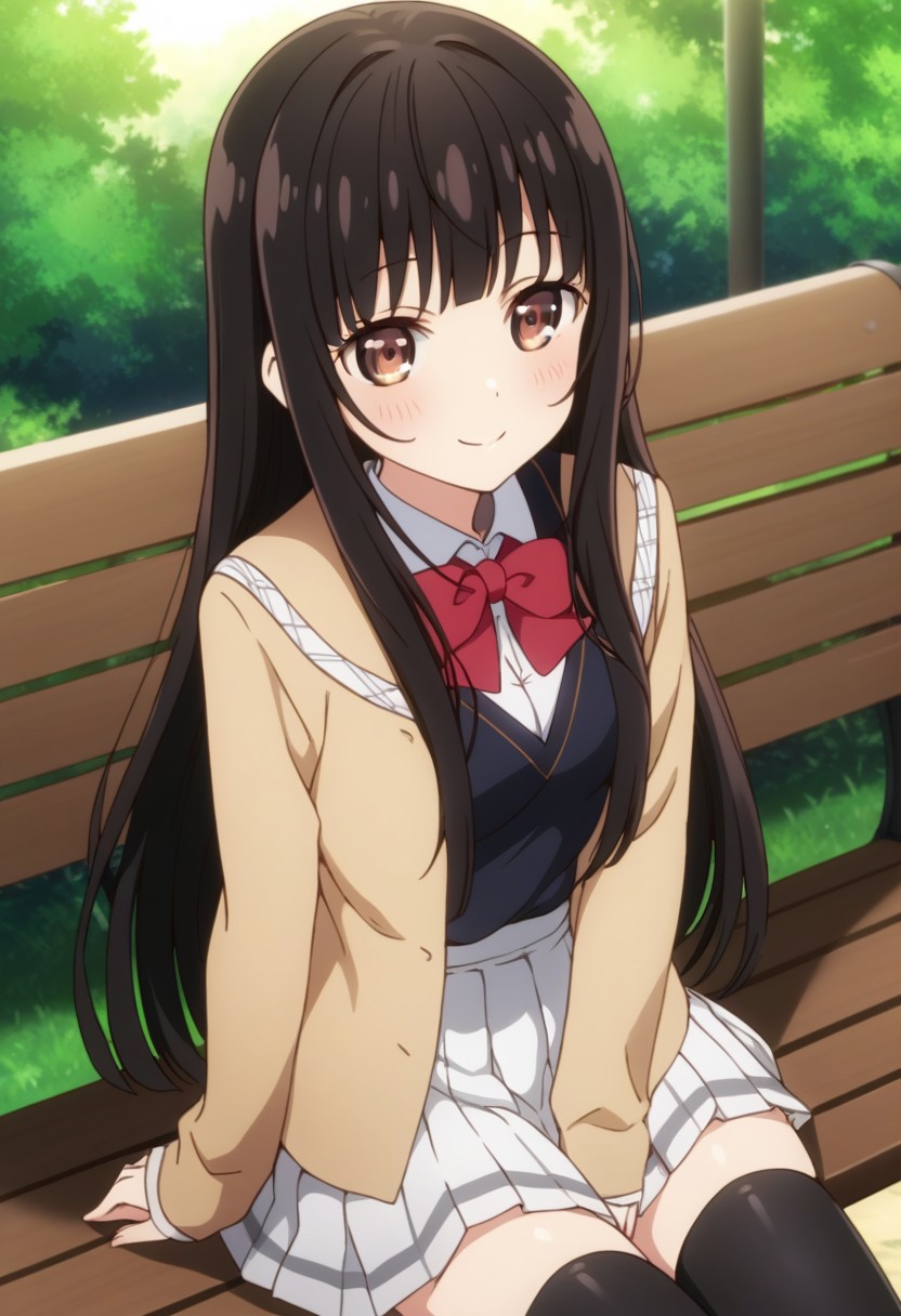 score_9, score_8_up, score_7_up, source_anime, ayasemiharu, 1girl, long hair, black hair, blunt bangs, brown eyes, (perfect female body:1.2), breasts, small waist, (incredibly detailed:1.4), (blush, gentle smile), school uniform, black uniform, brown jacket , sleeves, pleated skirt, black thighhigh, Outdoor, forest, park background, sitting, bench,  sitting on bench