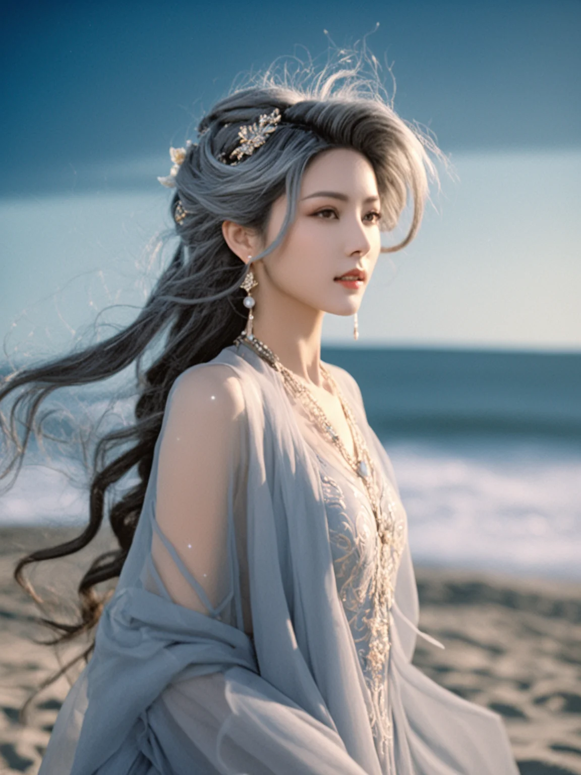 analog film photo ethereal fantasy concept art of masterpiece,ultra realistic,32k,extremely detailed CG unity 8k wallpaper, best quality,(spring day ),an asain girl in a hanfu,necklace ,eardrop, ( fluorescent Wear a tailored jumpsuit with statement earrings and heels. ) , grey hair hair Beachy waves ,Moonlight . magnificent, celestial, ethereal, painterly, epic, majestic, magical, fantasy art, cover art, dreamy . faded film, desaturated, 35mm photo, grainy, vignette, vintage, Kodachrome, Lomography, stained, highly detailed, found footage