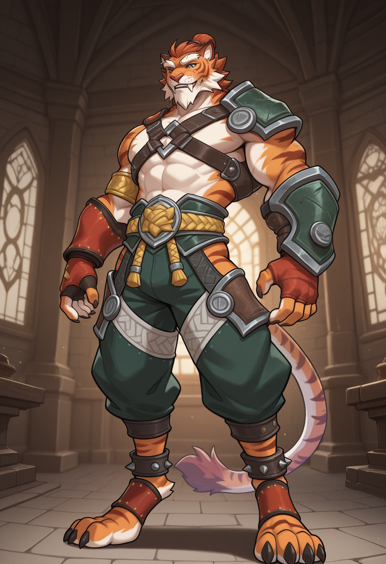 masterpiece,best quality,amazing quality, 1boy, solo, t1b3r1us, tiger boy, red bracer, single green pauldron, gold arm bracelet, chest harness, green forearm armor, red fingerless gloves, green pants, red ankle guard, spiked leg bracelets, full body,