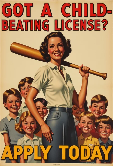 In REME's War Poster Style. a pretty woman with a baseball bat smiles at the viewer. she is standing with a group of smiling happy children. title reads "GOT A CHILD-BEATING LICENSE?" and "APPLY TODAY". high detail.