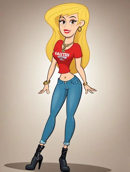 score_9, score_8_up, score_7_up, (toon \(style\):1),(flat colors:1),facing viewer,ultra high quality,ultra high resolution,ultra , seductive,(extremely detailed), detailed background,,(masterpiece, best quality, high quality, highres, ultra-detailed),full body,inside, bedroom in background, spotlight effects.,close up, cowboy shot,   dutch angle ,perfect eyes,perfect face,,narrow waist,perfect breasts,perfect eyes,perfect face,eager expression,earrings,facing viewer, 
<lora:Veronica_Stoppable:0.9> veronica stoppable, toon (style), flat color, freckles, narrow waist,  brown eyes, long hair,  long eyelashes,  long hair, brown eyes, seductive smile, long eyelashes, medium breasts, wide hips, long legs, red lips, looking at viewer,blonde hair, form-fitting designer graphic t-shirt, high-waisted skinny jeans, sleek ankle boots. oversized sunglasses,  chunky gold chain necklace,  designer handbag.midriff,