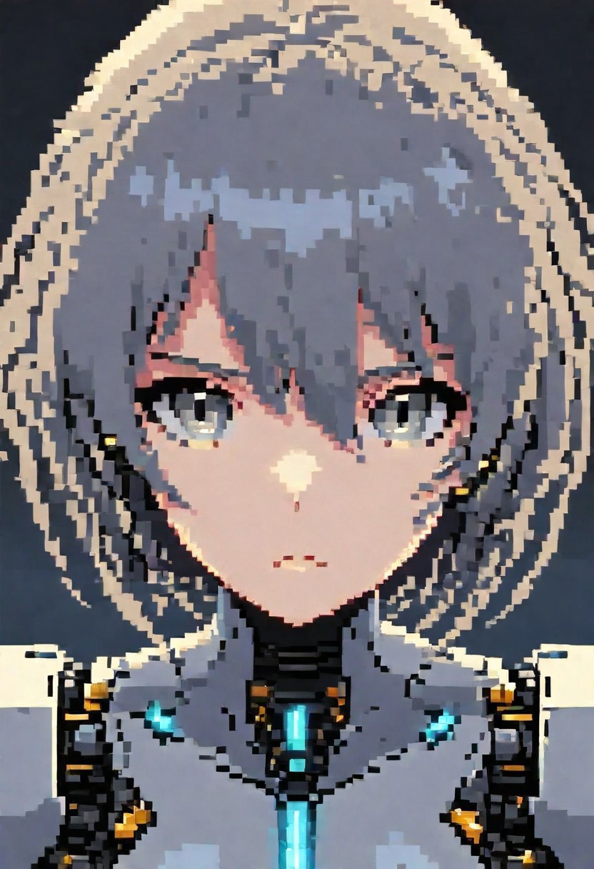 pixeldream, Expressiveh, 1girl, short hair, grey eyes, android girl, close up portrait, frown,