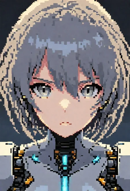 pixeldream, Expressiveh, 1girl, short hair, grey eyes, android girl, close up portrait, frown,