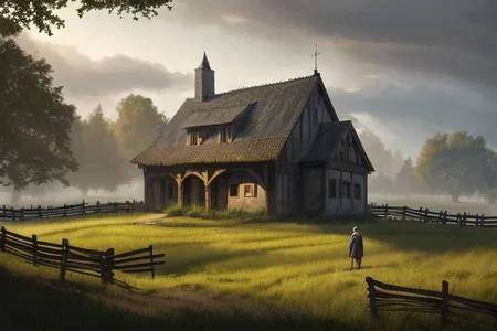 RAW photo, (masterpiece:1.3), subsurface scattering, heavy shadow, (high quality:1.4), (intricate, high detail:1.2), professional photography, HDR, High Dynamic Range, realistic, ultra realistic, photorealistic, high resolution, film photography, ambient lighting, atmospheric effects, <lora:detail_slider_v4:2>, OverallDetail, a medieval male farmer in simple clothes in front of a fantasy farmhouse, fields, fence, fantfa, <lora:FantasyFarm:0.7>