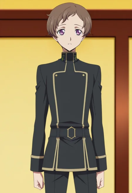 masterpiece, best quality, anime screencap, official style, anime coloring, cowboy shot, 1boy, solo, male focus, <lora:rolo_lamperouge_ilxl:0.94>, rolo_lamperouge, brown hair, purple eyes, short hair, aged up, ashford academy school uniform,