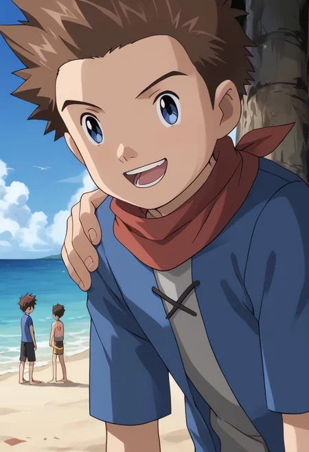score_9, score_8_up, score_7_up, score_6_up, detailed, 2boys, intricate details, highres, absurdres ,source_anime, cowboy shot, male focus, BREAK
,takato matsuki, 1boy, brown hair, brown eyes, blue jacket, white shirt, smile, BREAK
ryo akiyama, brown hair, blue eyes, grey shirt, red neckerchief, shoulder armor, torn shirt, 1boy, open mouth, teeth, scarf, spiked hair, BREAK
beach, sunshine.
