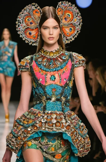 robots modeling clothing on the runway at a fashion show. The models are wearing this season's hottest trends, haute couture from a variety of designers and designs in vibrant colors