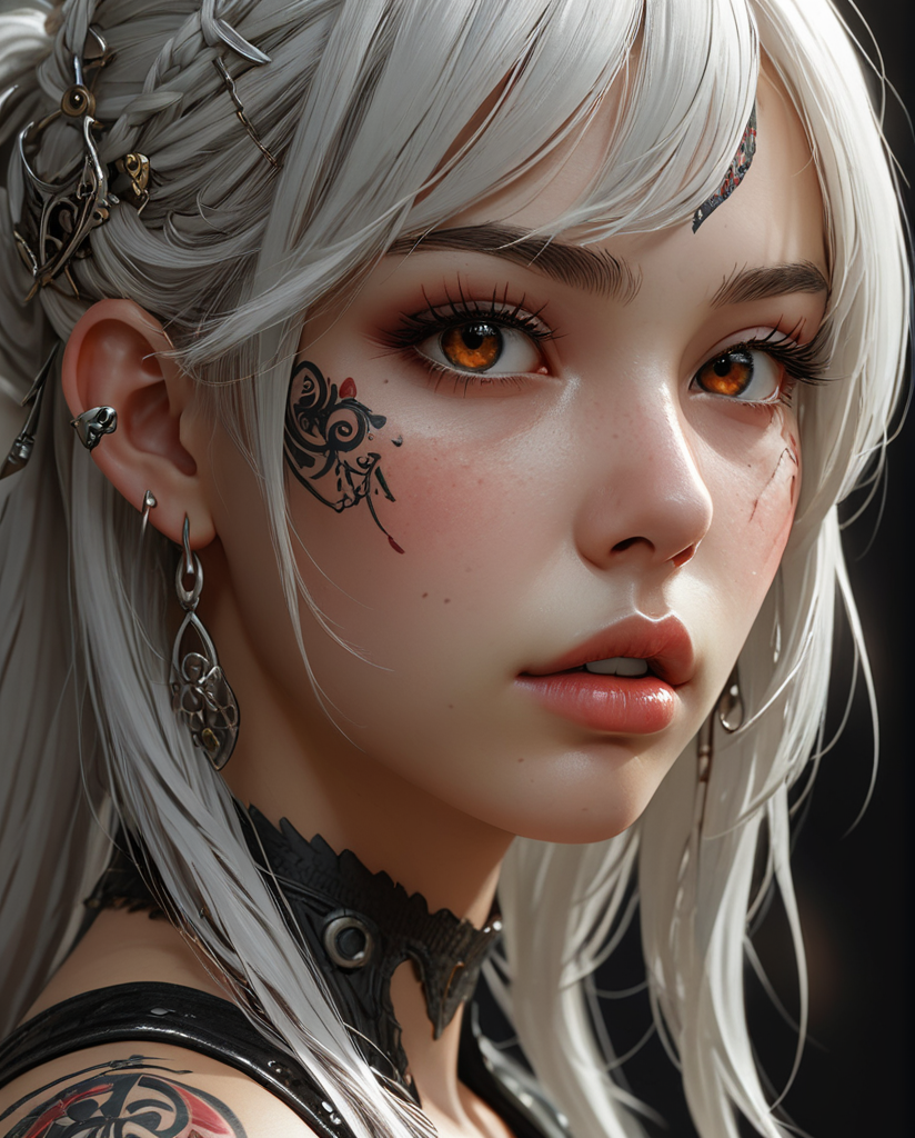 Close-up of eyes, locks of hair on face, girl, profile, full lips, ritual tattoos on forehead, Pixiv, NieR, hologram art, 2D game art, digital illustration, extreme detail, 4k, Ultra HD, hair long messy deep black, perfect white features, brown skin, red tones, realistic fantasy art, intricate and polished, sharp focus, concept art, Wlop art, black background