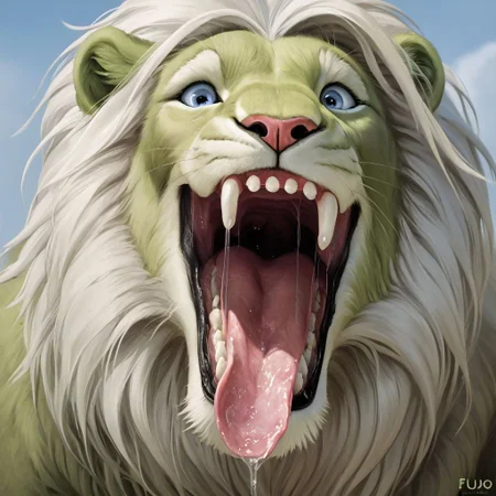 lion, (fluo green fur:2), white mane, realistic, solo, open mouth, tongue, saliva, mouth focus, open blue eyes, detailed teeth, detailed glottis, detailed throat, very close view