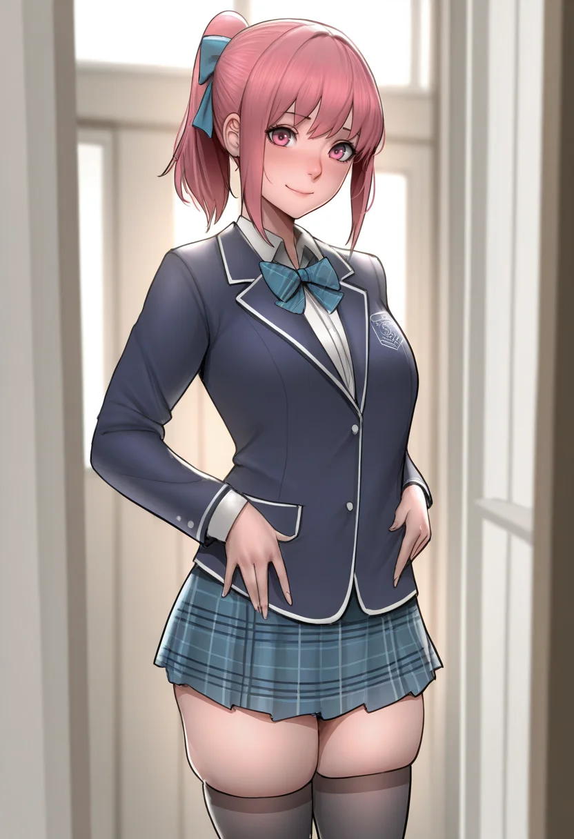 masterpiece, best quality,
<lora:Scarlett_Ann:1> Sc4rl3tt5nn, 1girl, solo,standing,looking at viewer, happy, closed mouth,pink hair, ponytail, pink eyes,school uniform, bow, long sleeves, skirt, skindentation, thighhighs,
