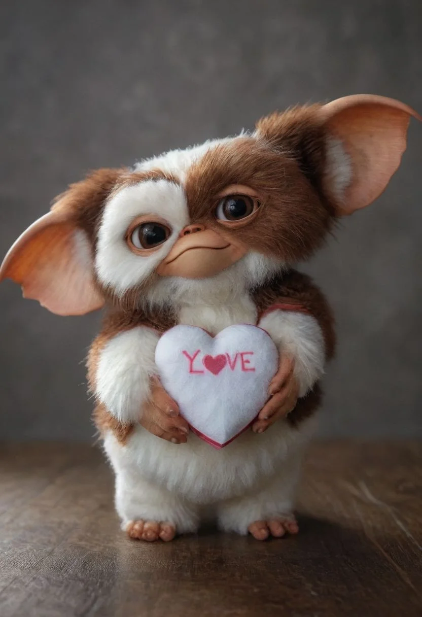 amazing quality, masterpiece, best quality, hyper detailed, ultra detailed, UHD, perfect anatomy, portrait, dof, hyper-realism, majestic, awesome, inspiring, - a fluffy cute #giz# gizmo with large friendly eyes Holding a Valentine heart to welcoming a Special person.. with perfect teeth and smile, cinematic composition, soft shadows, national geographic style,