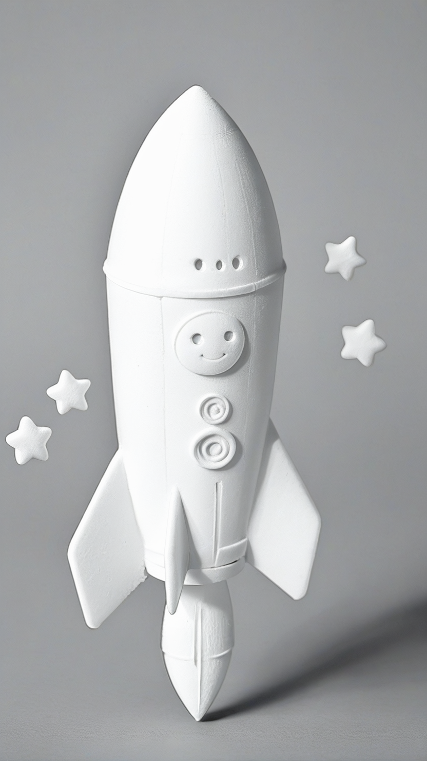 <lora:3DPrintingXL:1>,whitemold,3d printed mold,art style,greyscale,monochrome, Small rocket, cute face on the side, rounded edges, floating in the air, playful and fun design