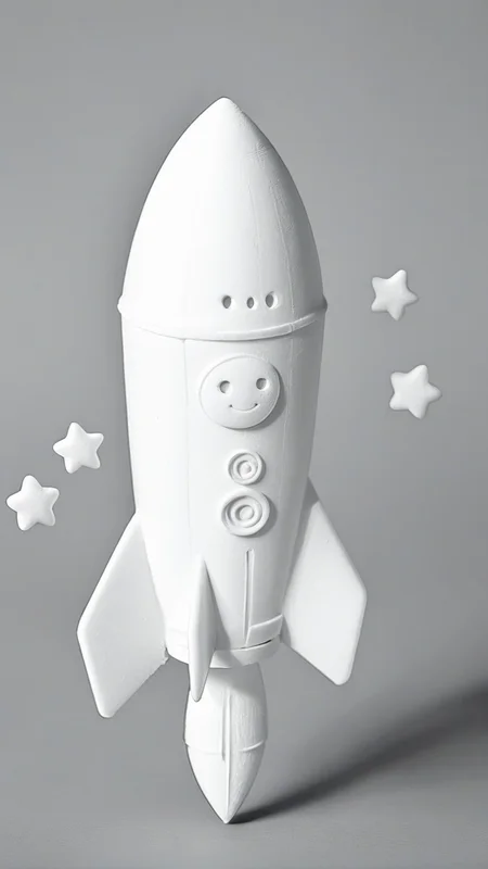 <lora:3DPrintingXL:1>,whitemold,3d printed mold,art style,greyscale,monochrome, Small rocket, cute face on the side, rounded edges, floating in the air, playful and fun design