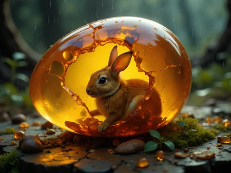 A breathtaking close-up of an enormous amber specimen in the shape of an egg made of amber which is hollow. It's thick shell is cracked open on the side, with a minuscule bunny has taken cover inside within its golden depths because it is raining outside. The flawless amber's transparency allows the bunny to be seen in exquisite detail. The camera angle is a close-up, emphasizing the intricate details of the amber and the bunny inside. The emotion is a mix of fascination and wonder, with a combination of warm and cool tones to create a striking contrast. The scenery features a mysterious background with a few scattered plants and a glowing halo of light surrounding the amber. High-definition and ethereal modifiers are used to add a touch of magic and wonder. A vintage-style, high-speed camera captures the intricate details, while a soft focus lens creates a dreamy, surreal atmosphere. The lighting is a mix of sunlight and golden hour tones, with the amber emitting a soft, warm glow. The color palette features warm, earthy tones and cool blues and greens for depth and mystery. <lora:Amber World:1> <lora:articolorpaint_v01:0.75> <lora:FluxDFaeTasticDetails:0.5>