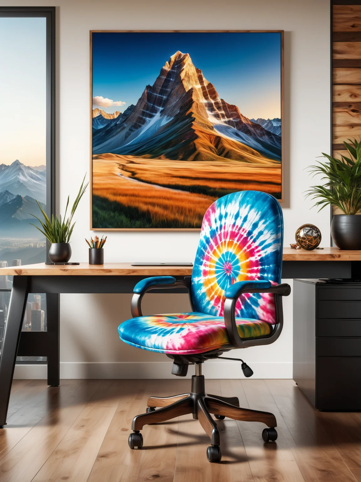 mad-tiedye office chair and wooden desk in an expensive office, photograph of a mountain on the wall, <lora:Colorful_Tie-Dye_SDXL:0.5>, (masterpiece:1.2), best quality, (hyperdetailed, highest detailed:1.2), high resolution textures