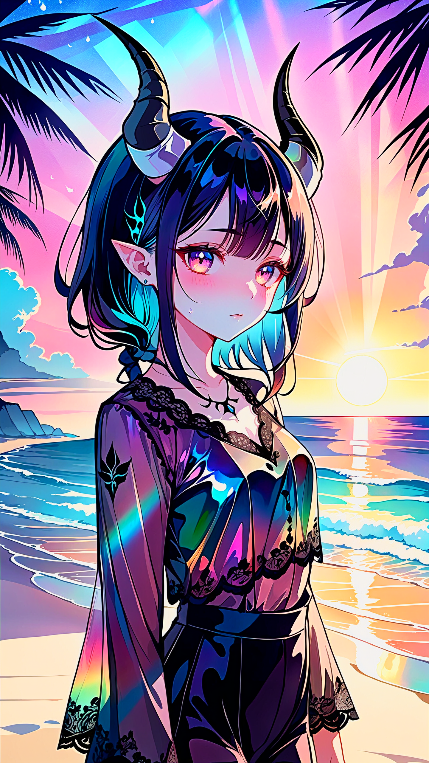 by ziyun by krenz by yogisya, 1girl, dutch angle, sad teardrop, sunset, beach shadow, dramatic lighting, by tsubonari, by demizu posuka watercolor pale demon girl, prismatic coloring, holographic vibe, chromatic black lace blouse, gothic background, (long straight horns:1.2)